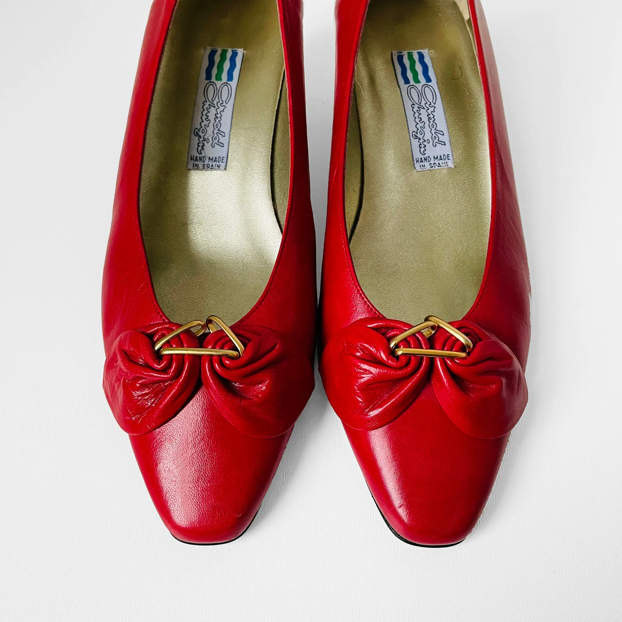 1980s Cherry Red Gold Leather Arnold Churgin Low-Heeled Slip-On Shoes - Sz. 6.5