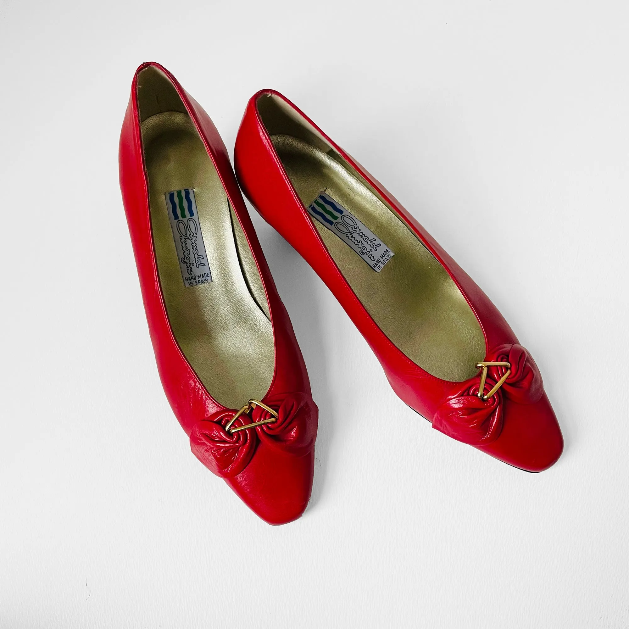 1980s Cherry Red Gold Leather Arnold Churgin Low-Heeled Slip-On Shoes - Sz. 6.5