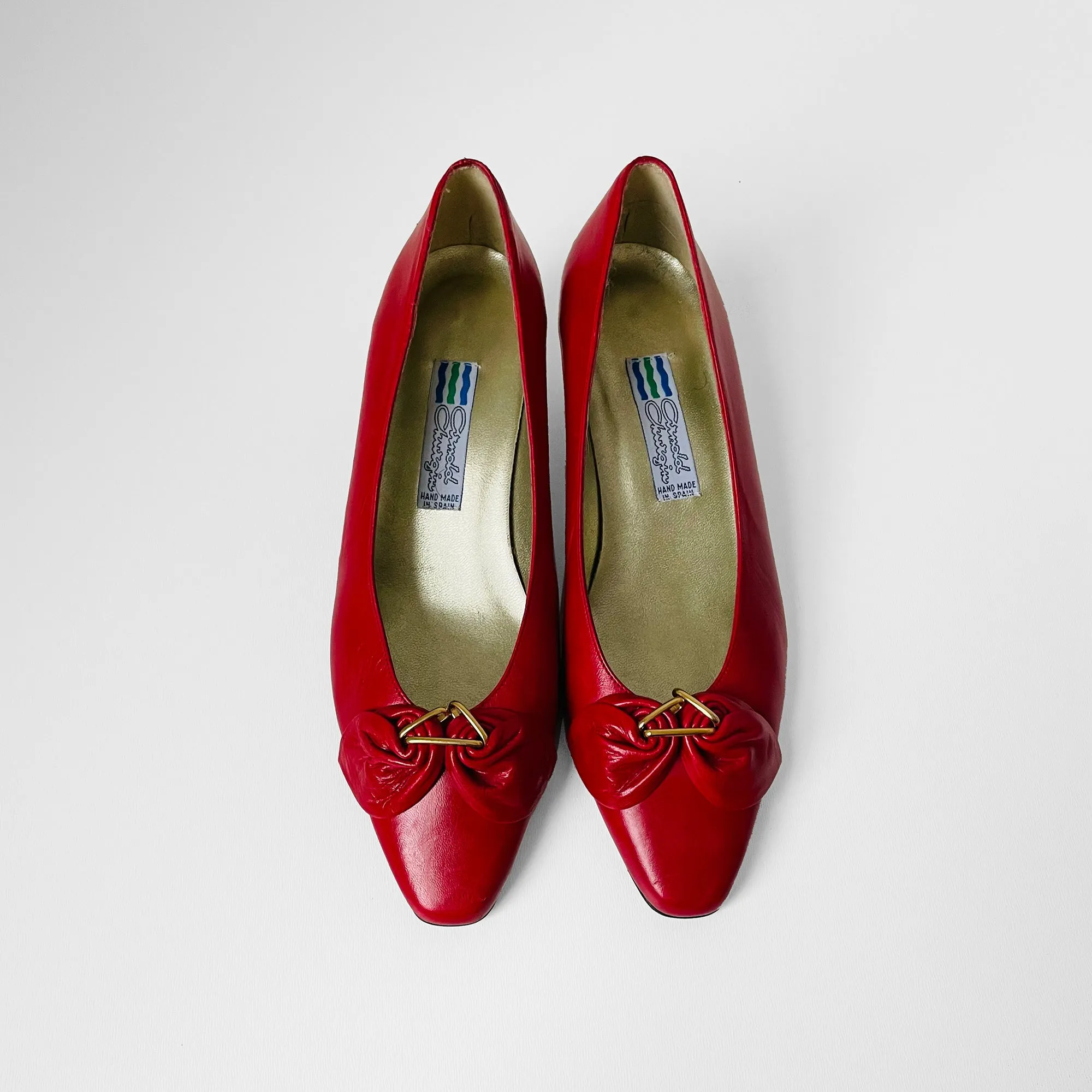 1980s Cherry Red Gold Leather Arnold Churgin Low-Heeled Slip-On Shoes - Sz. 6.5