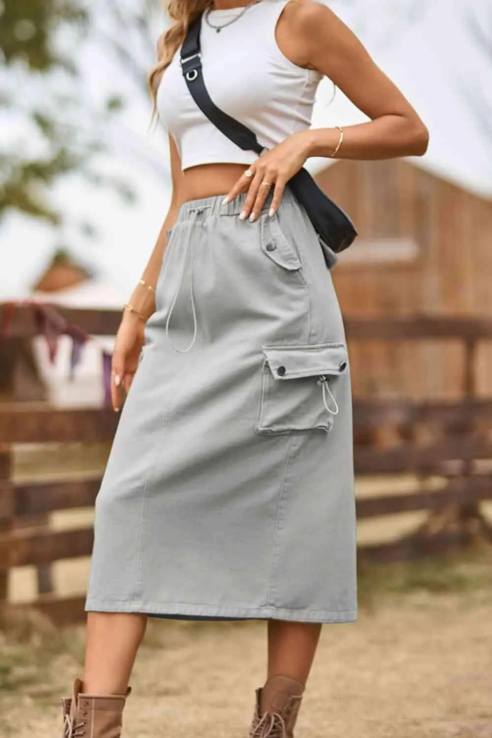 Always In Style Slit Denim Cargo Midi Skirt