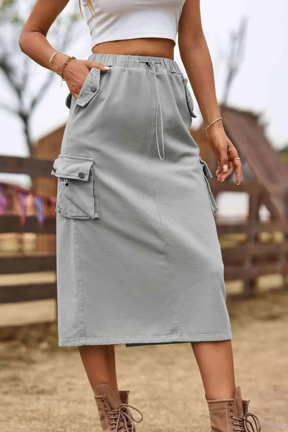 Always In Style Slit Denim Cargo Midi Skirt