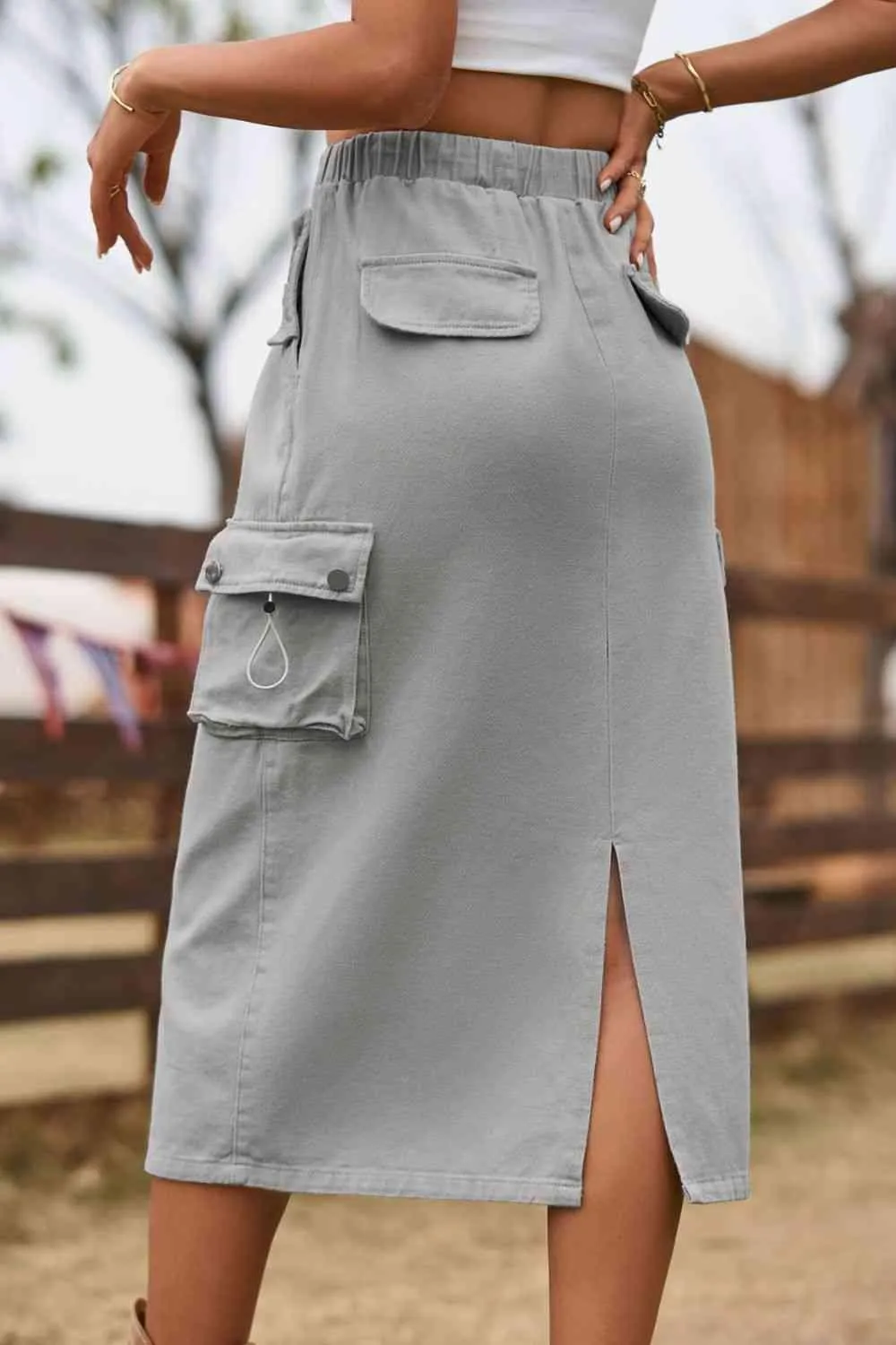 Always In Style Slit Denim Cargo Midi Skirt
