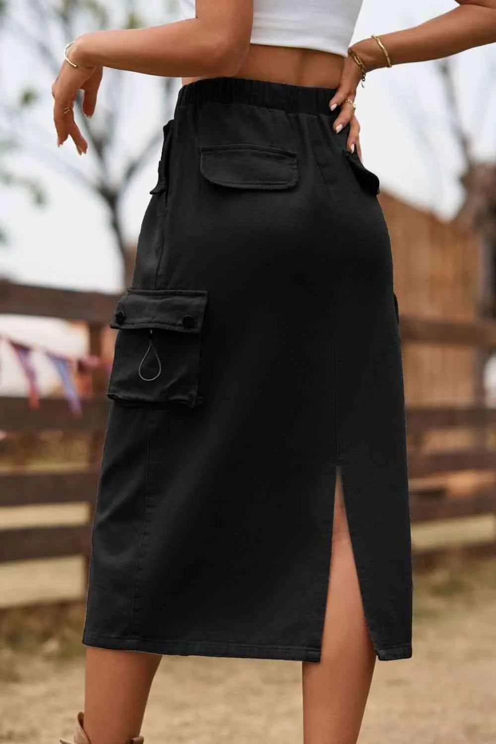 Always In Style Slit Denim Cargo Midi Skirt