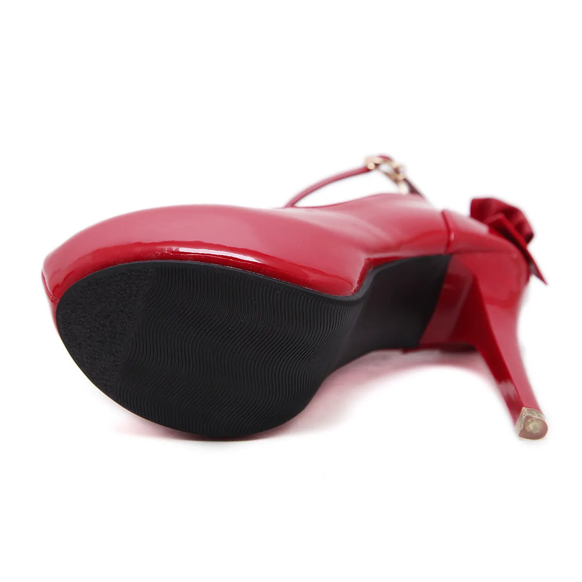 Back Bowknot PU Stiletto Heel Round Toe Ankle Strap High Heels