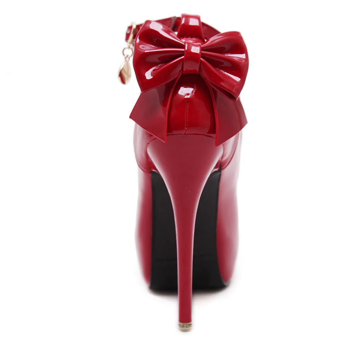 Back Bowknot PU Stiletto Heel Round Toe Ankle Strap High Heels