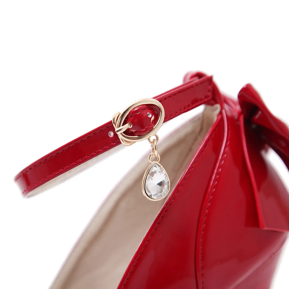 Back Bowknot PU Stiletto Heel Round Toe Ankle Strap High Heels