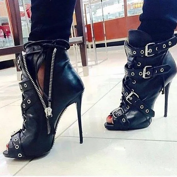 Belt Buckle Stiletto Heel Peep-toe Side Zipper High Heel Ankle Boot Sandals
