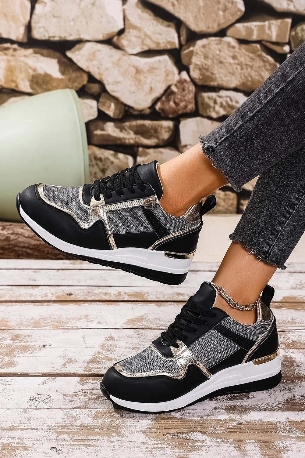 Black Patchwork Lace Up Sneakers