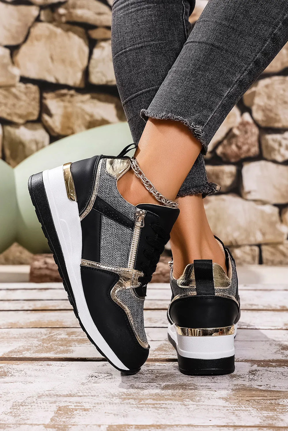 Black Patchwork Lace Up Sneakers