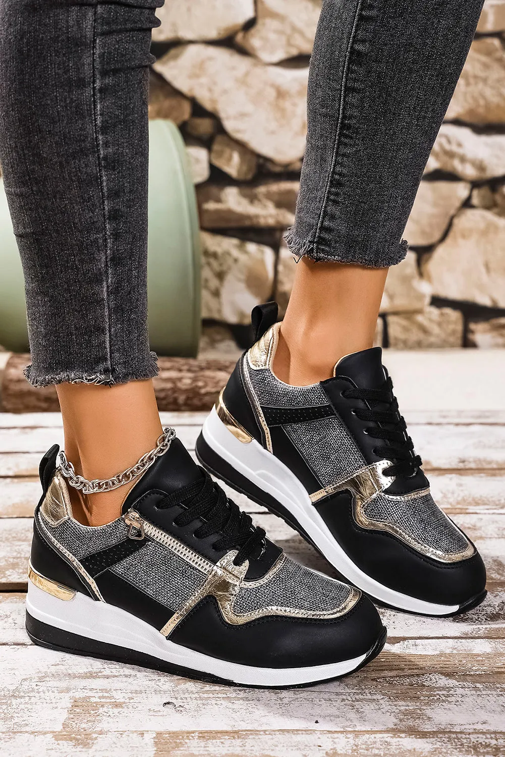 Black Patchwork Lace Up Sneakers