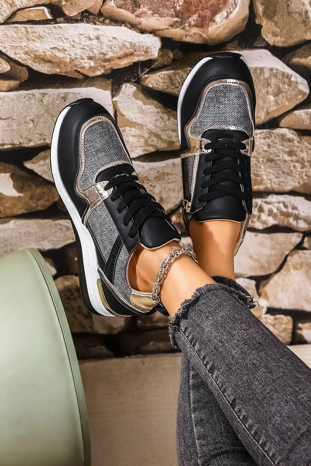 Black Patchwork Lace Up Sneakers