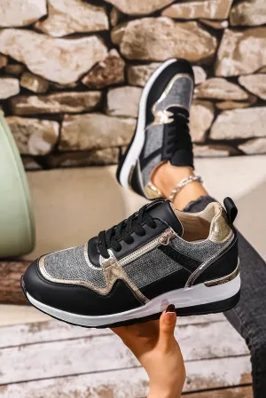 Black Patchwork Lace Up Sneakers