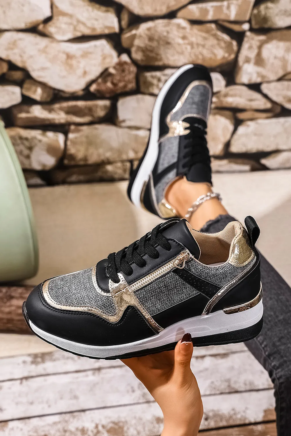 Black Patchwork Lace Up Sneakers