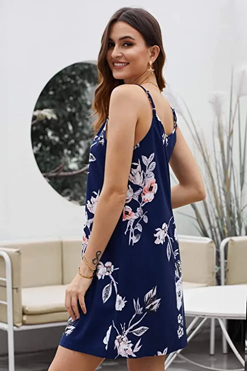 Black Women Summer Spaghetti Strap Button Down V Neck Sleeveless Casual Mini Dress - AlvaQ