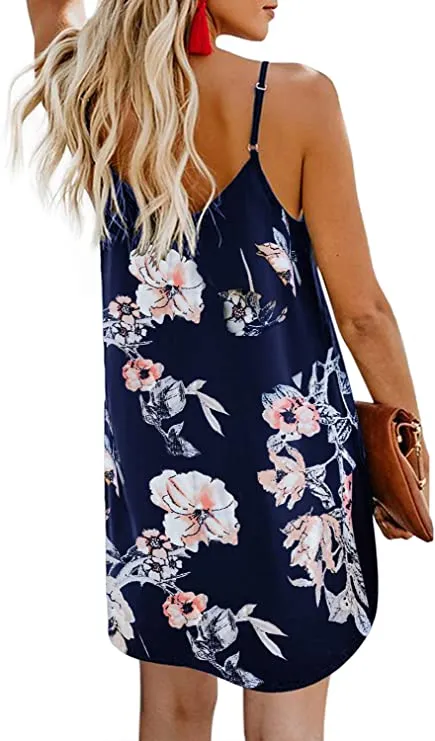 Black Women Summer Spaghetti Strap Button Down V Neck Sleeveless Casual Mini Dress - AlvaQ