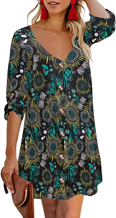 Black Women Summer Spaghetti Strap Button Down V Neck Sleeveless Casual Mini Dress - AlvaQ