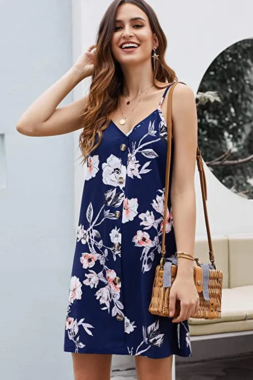 Black Women Summer Spaghetti Strap Button Down V Neck Sleeveless Casual Mini Dress - AlvaQ