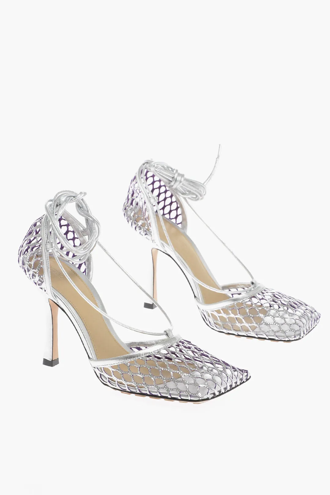 Bottega Veneta Fishnet Sandals Metallic Effect Heel 10 Cm