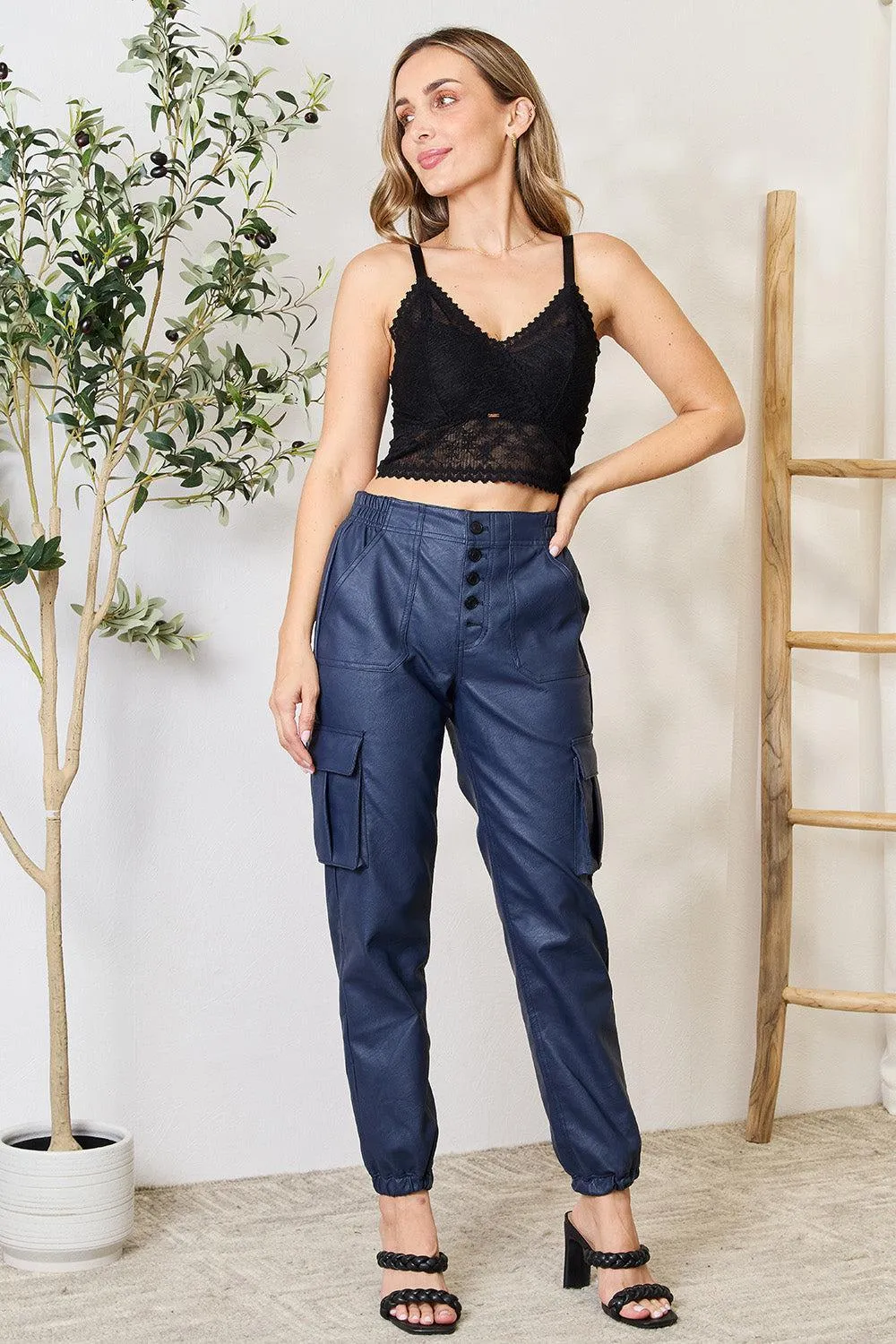 Button Fly High Waist Faux Leather Cargo Joggers