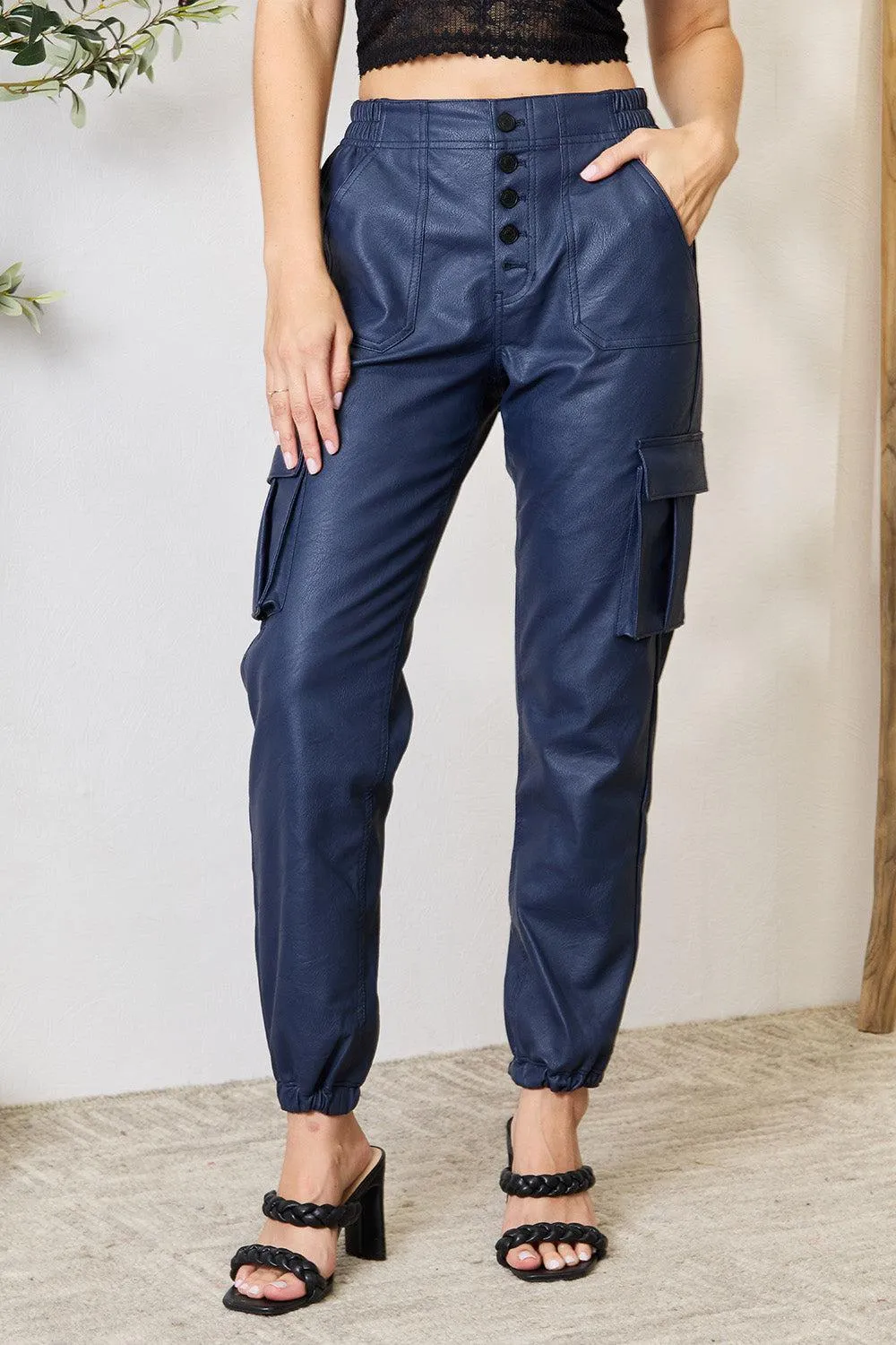 Button Fly High Waist Faux Leather Cargo Joggers