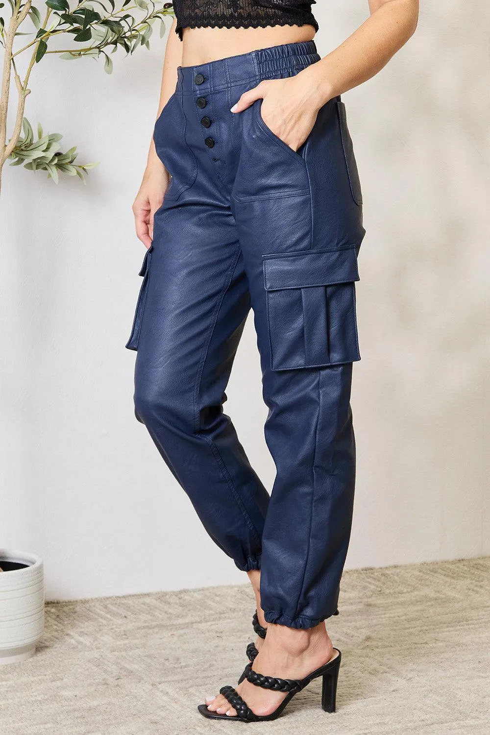 Button Fly High Waist Faux Leather Cargo Joggers