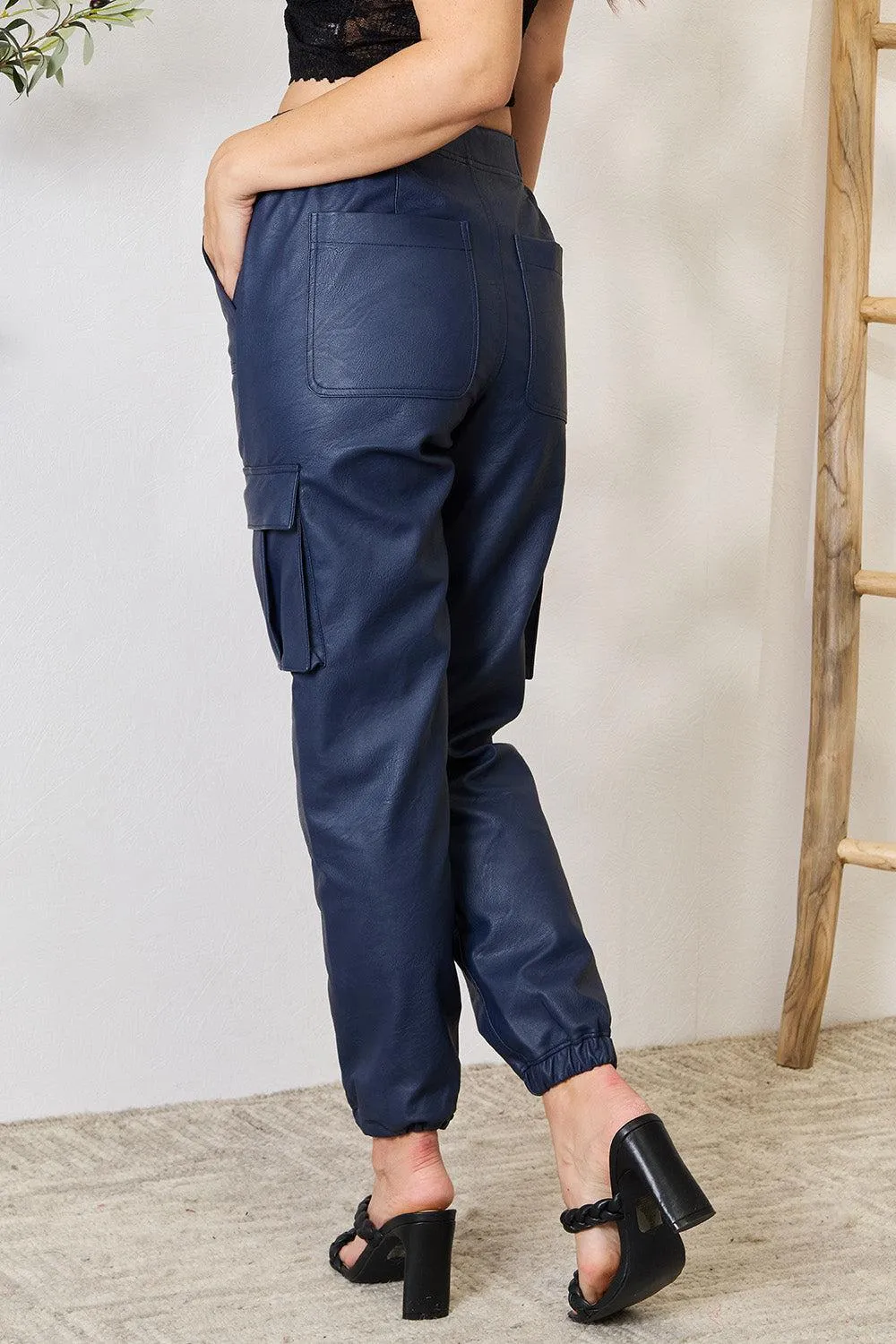 Button Fly High Waist Faux Leather Cargo Joggers