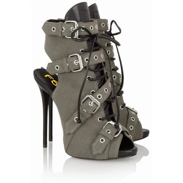 Canvas Hasp Straps Stiletto Heel Peep-toe Ankle Boot High Heel Sandals