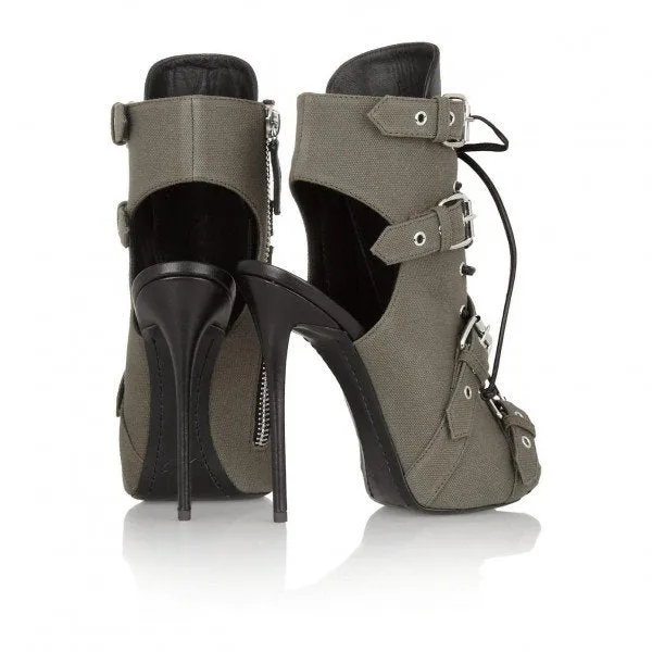 Canvas Hasp Straps Stiletto Heel Peep-toe Ankle Boot High Heel Sandals