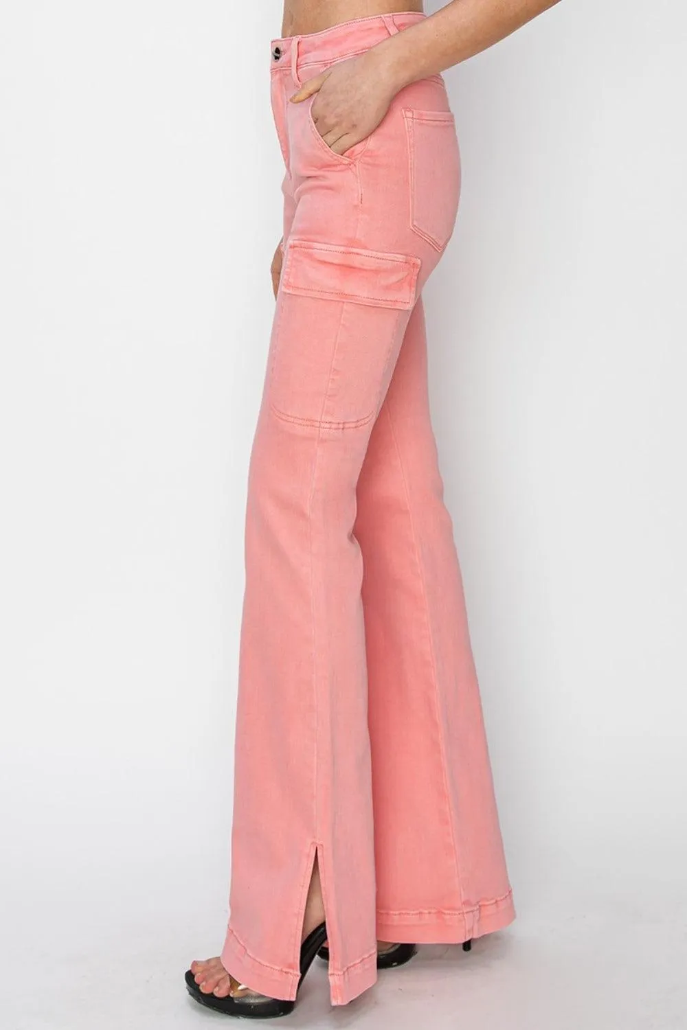 Cargo Bootcut Jeans Pink RISEN High Rise Side Slit Denim Pants
