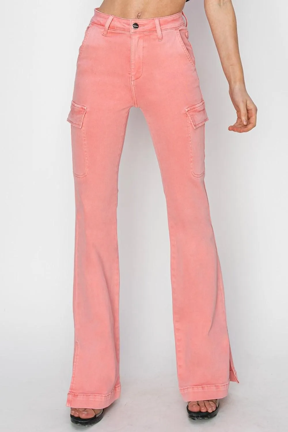 Cargo Bootcut Jeans Pink RISEN High Rise Side Slit Denim Pants