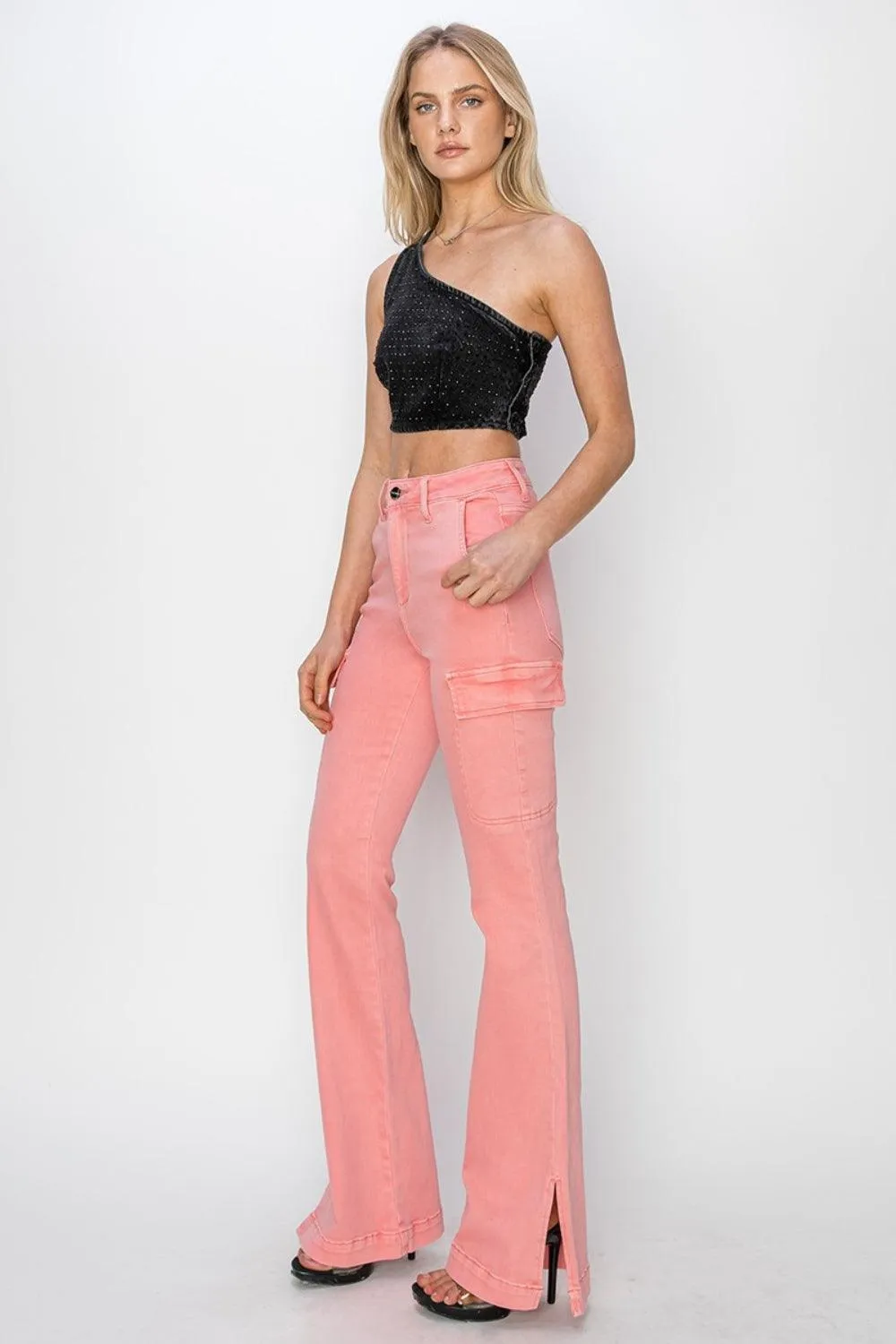 Cargo Bootcut Jeans Pink RISEN High Rise Side Slit Denim Pants