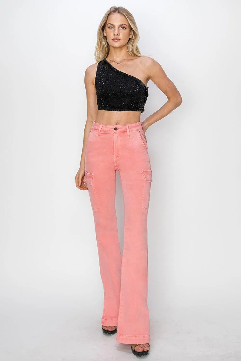 Cargo Bootcut Jeans Pink RISEN High Rise Side Slit Denim Pants