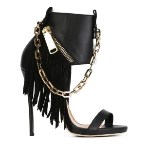 Chain and Zipper Decorate Open Toe Stiletto High Heel Sandals