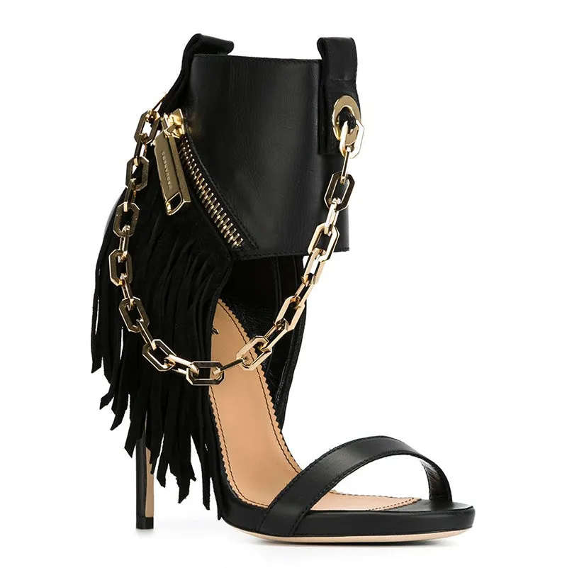 Chain and Zipper Decorate Open Toe Stiletto High Heel Sandals