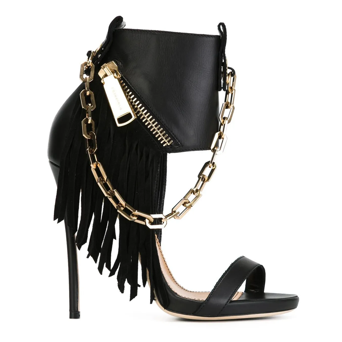 Chain and Zipper Decorate Open Toe Stiletto High Heel Sandals