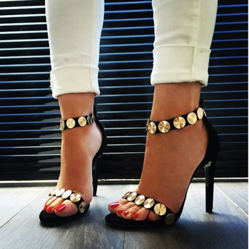 Circle Metal Decorate Ankle Wrap Suede Stiletto High Heels Sandals