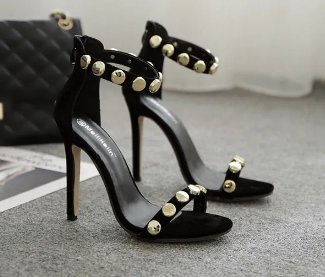 Circle Metal Decorate Ankle Wrap Suede Stiletto High Heels Sandals