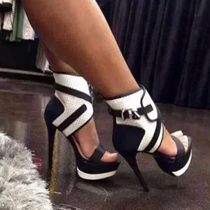 Color Block Belt Buckle Stiletto High Heel Ankle Boot Sandals