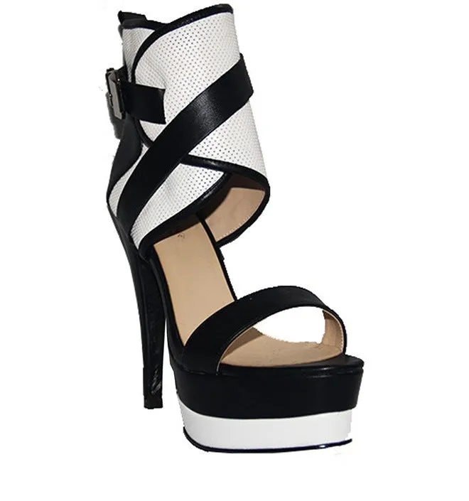 Color Block Belt Buckle Stiletto High Heel Ankle Boot Sandals