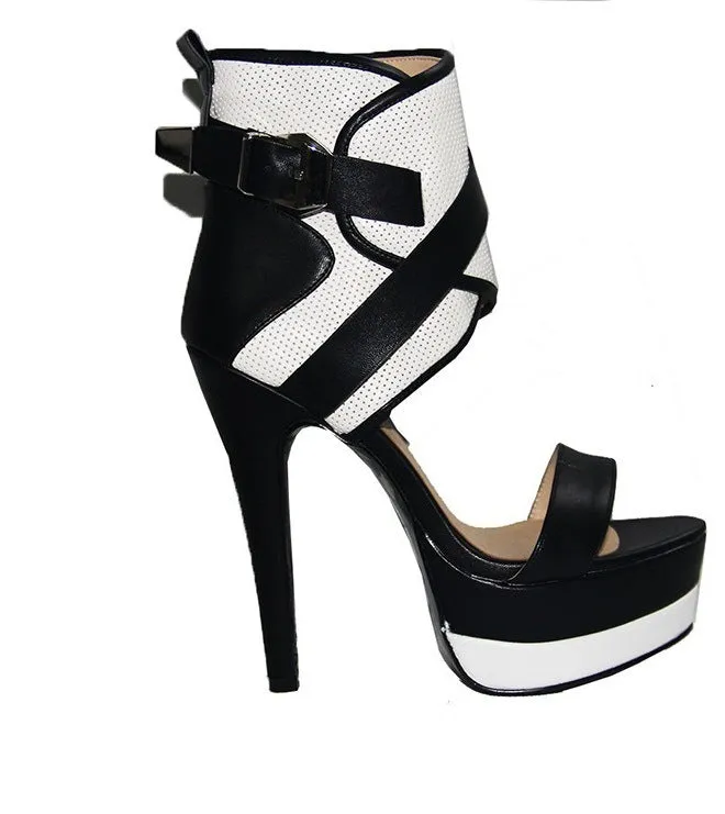Color Block Belt Buckle Stiletto High Heel Ankle Boot Sandals