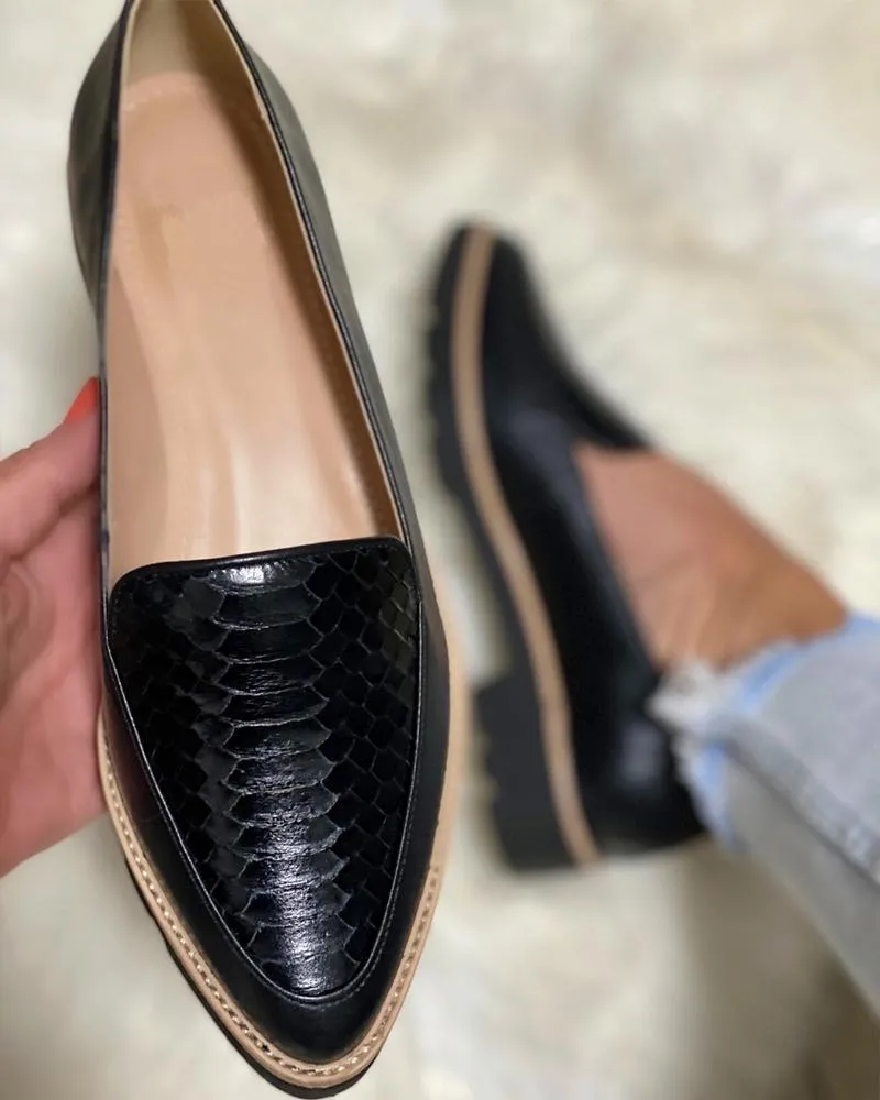 Croc Embossed Pointed Toe Flatform Loafers