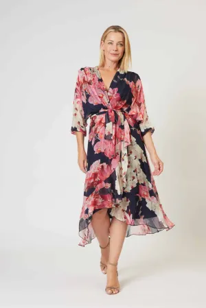 Cross Neckline Wrap Dress - Navy/Pink Floral