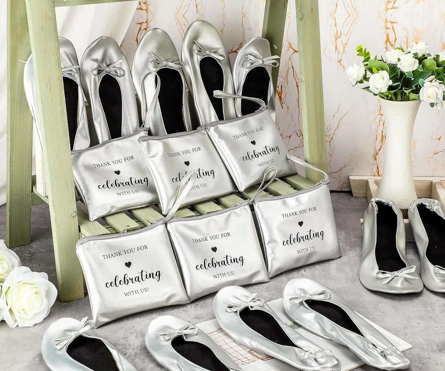 Cuffbow 6 Pairs Wedding Foldable Flats Ballet Dancing Shoes for Purse Rollable Ballerina Slippers Shoes Bulk Bride Bridesmaids Guests