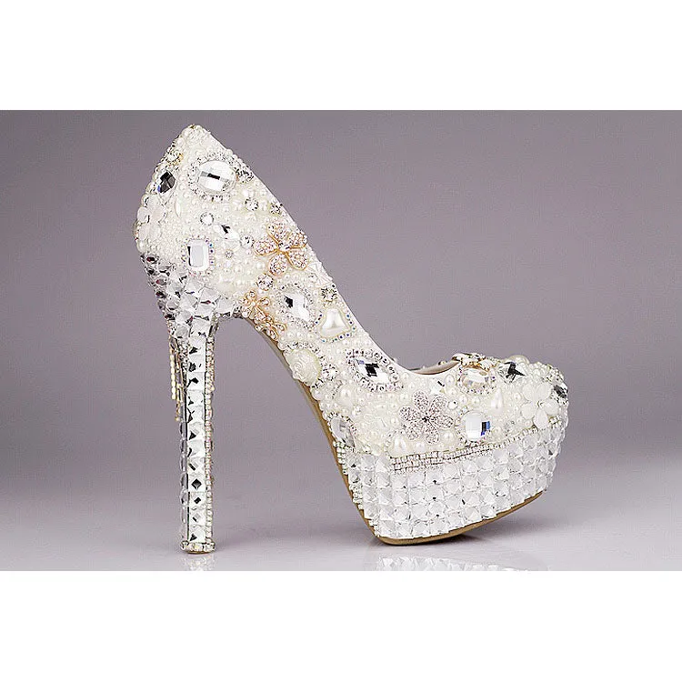 Custom Hand Made Beadings Bowknot Platform Super High Stiletto Heels Bridal Shoes
