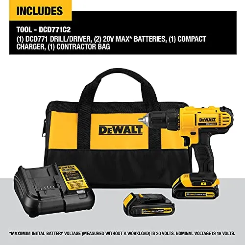 DEWALT 20V MAX* Cordless Drill/Driver Kit, Compact, 1/2-Inch (DCD771C2) & Black Oxide Drill Bit Set with Pilot Point, 13-Piece (DW1163)