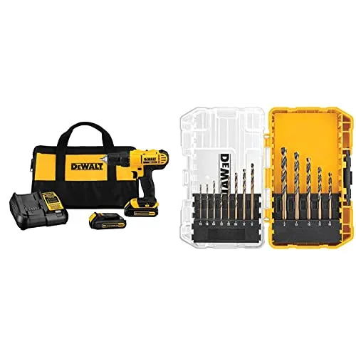 DEWALT 20V MAX* Cordless Drill/Driver Kit, Compact, 1/2-Inch (DCD771C2) & Black Oxide Drill Bit Set with Pilot Point, 13-Piece (DW1163)