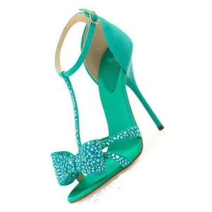 Diamond Bowknot Stiletto Heel Peep-toe Ankle Strap High Heel Sandals