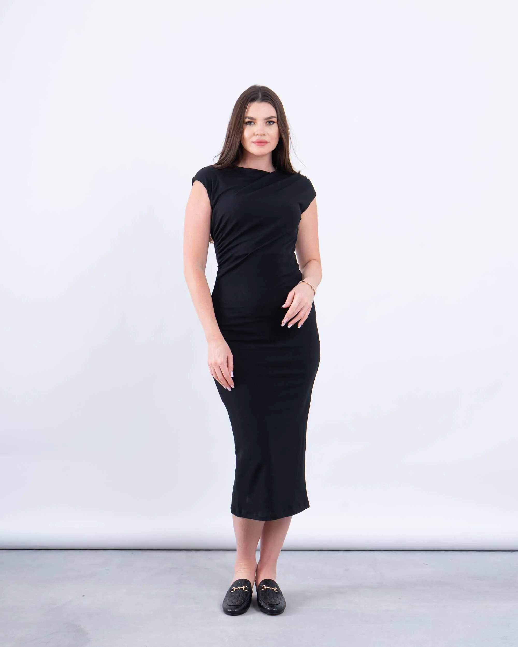 Draped Shoulder Bodycon Midi Dress