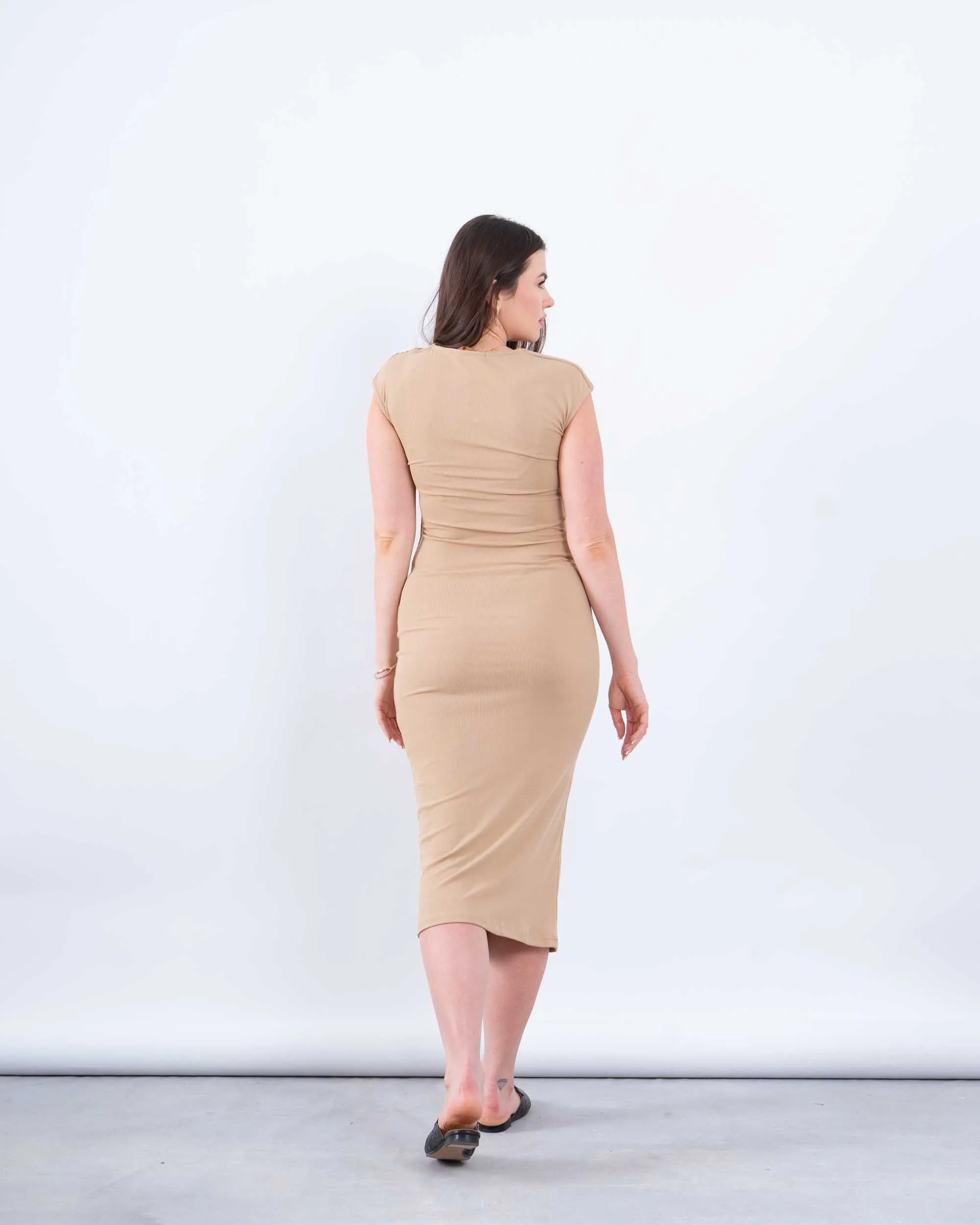 Draped Shoulder Bodycon Midi Dress