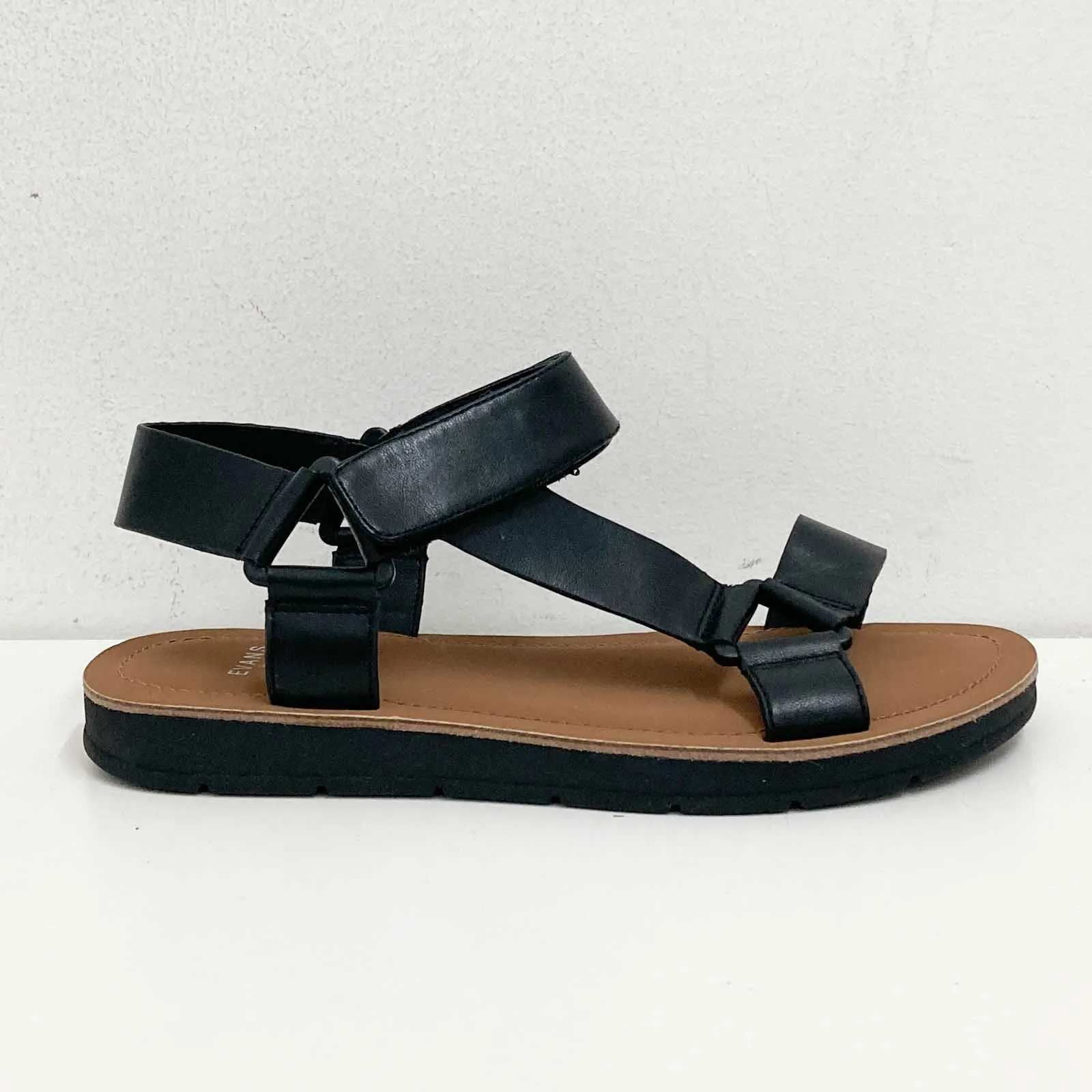Evans Black Faux Leather Sporty Strap Sandals UK 4E